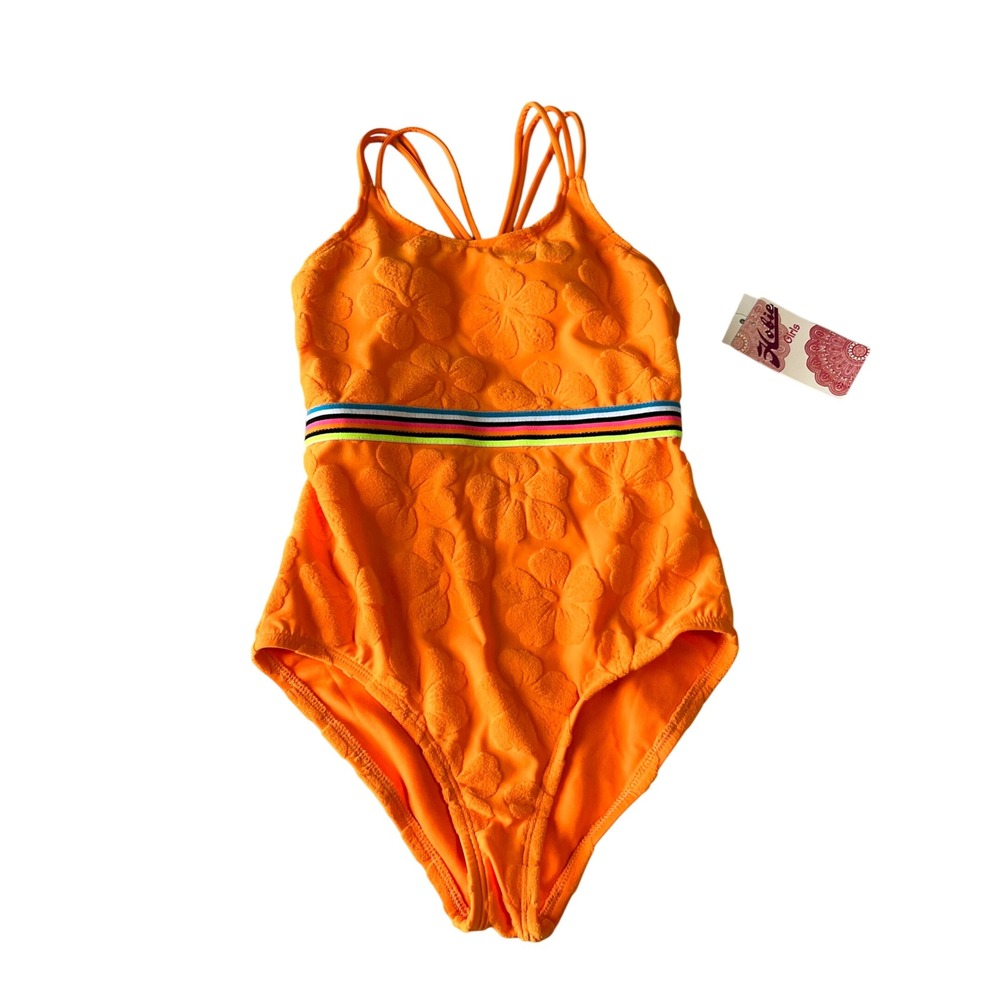 Hobie Girls One Piece Swimsuit Sz 10 Orange Floral Strappy NWT
